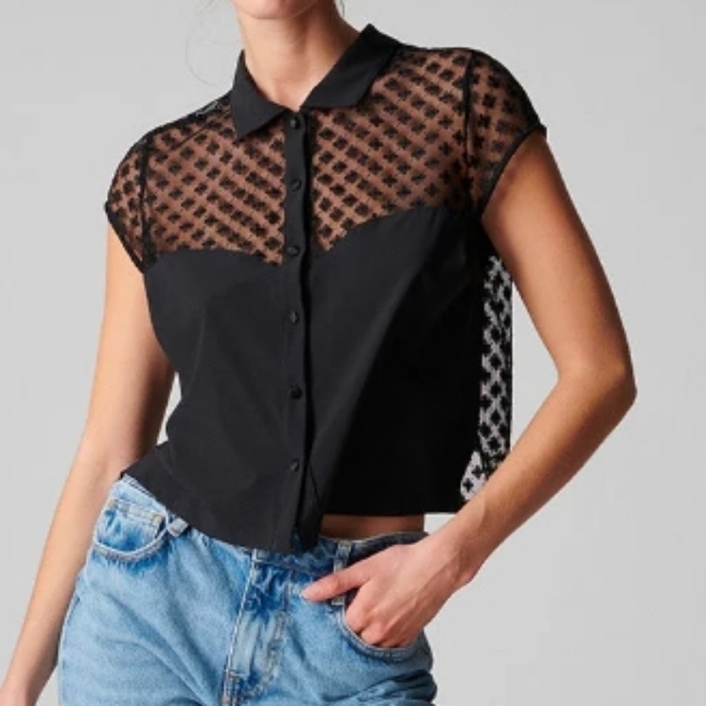 Simone Perele Black Short-Sleeve Sheer Lace Button-Up Blouse